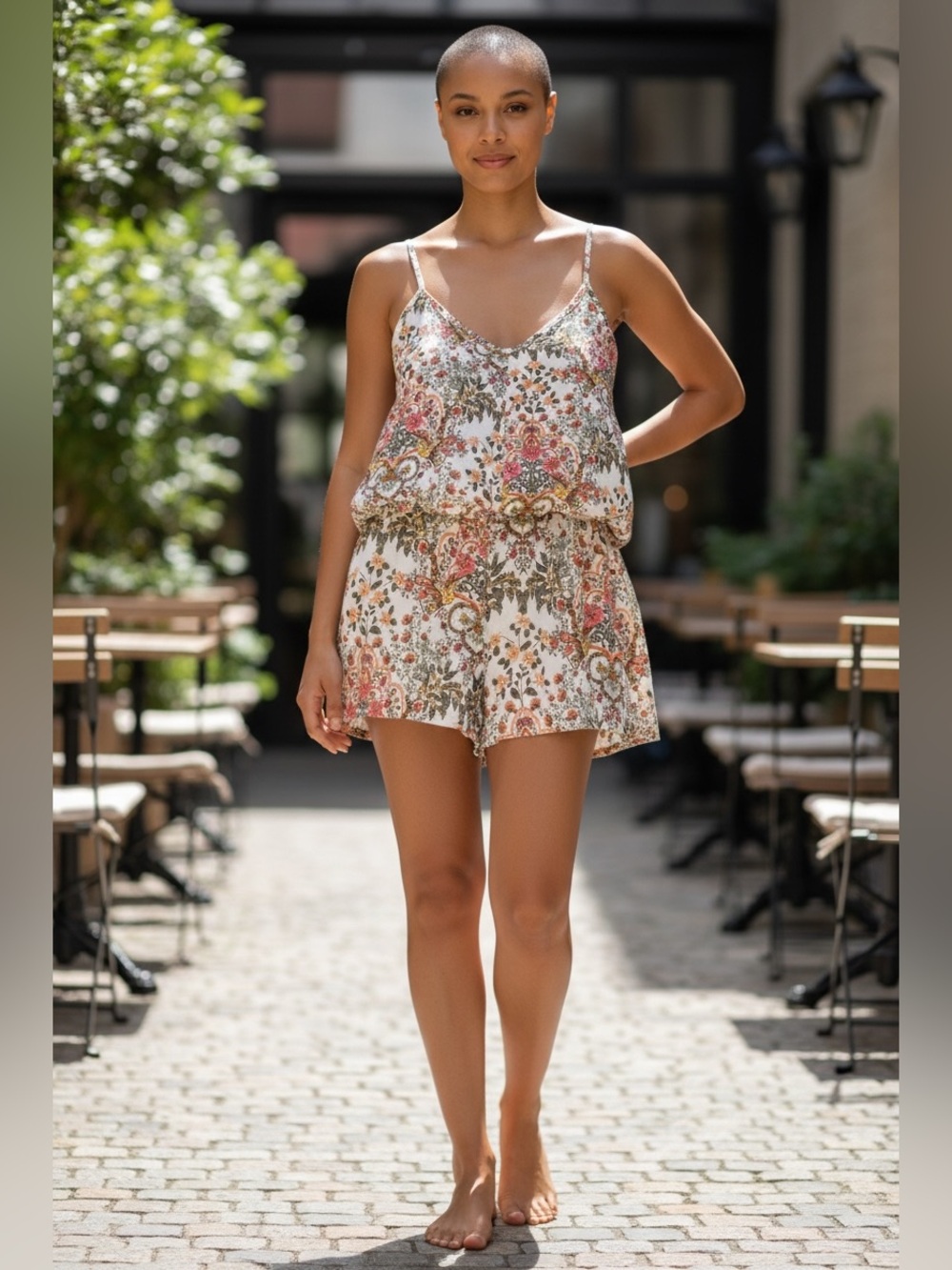 Floral Print Sleeveless Romper - White with Pink & Green